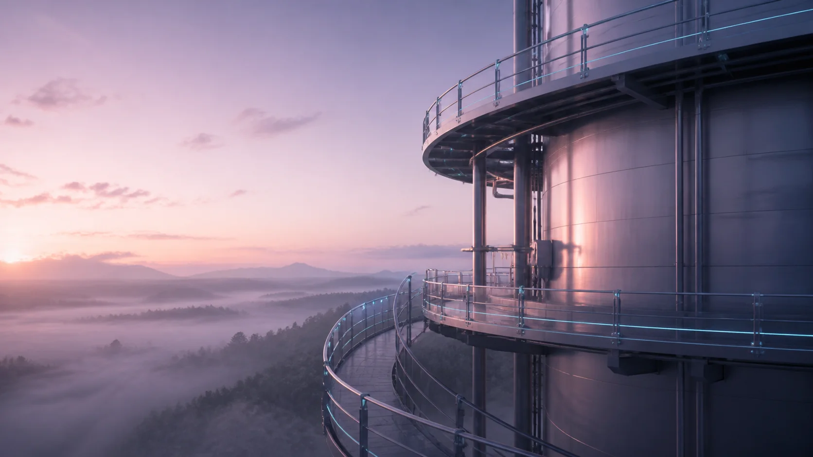 Fictional circular steel maintenance platform around a vessel at dawn
